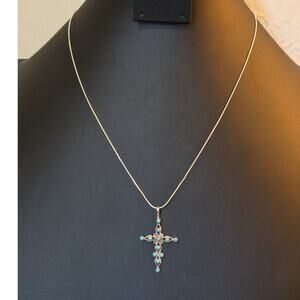 Vintage 925 Sterling Silver Petit Point Sawtooth Set Turquoise Cross Necklace